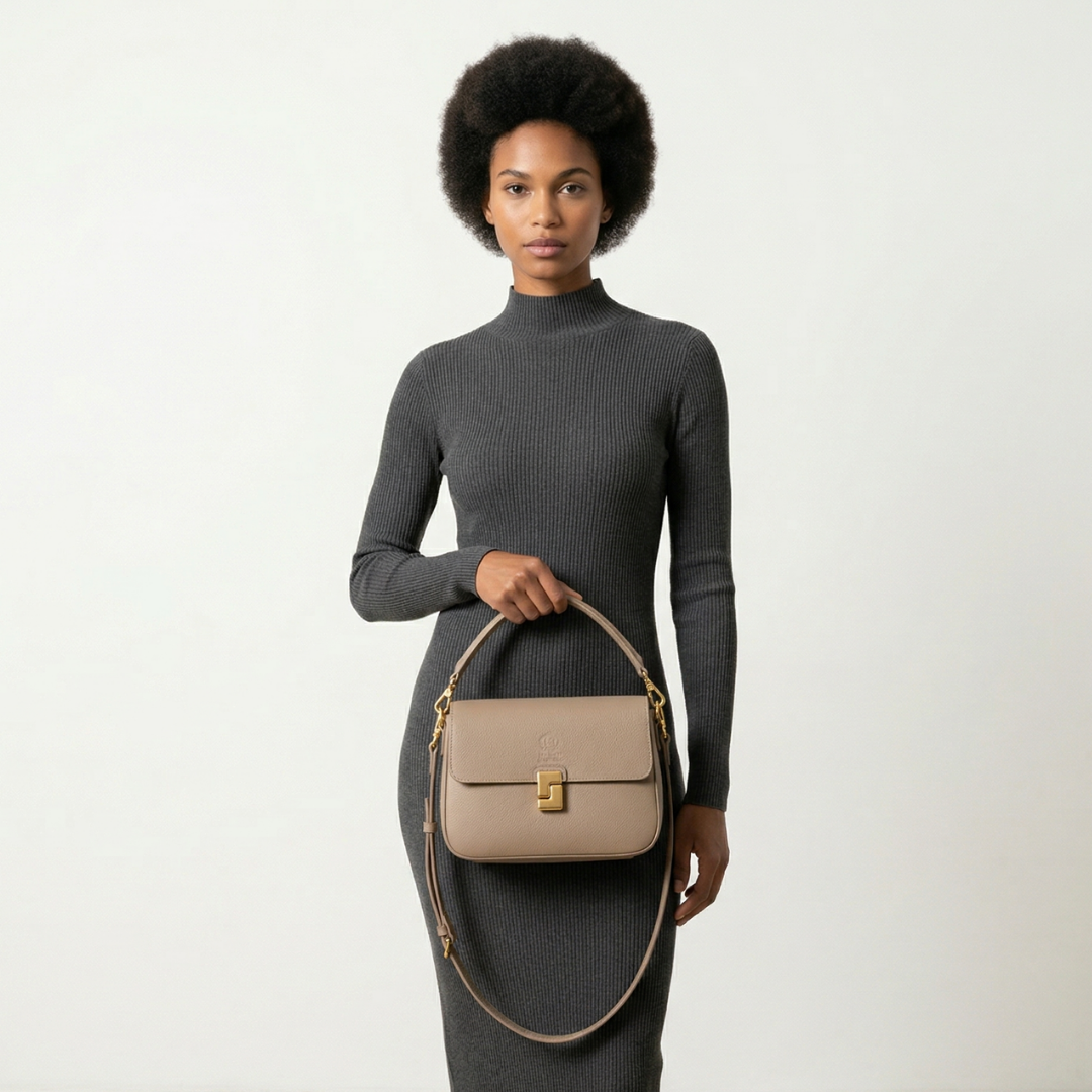 Maison Revelle L Eclat Sable premium leather flap bag gold-tone turn-lock