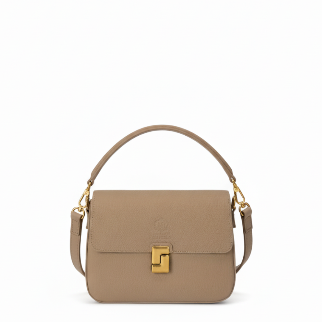 Maison Revelle L Eclat Sable Art Deco leather flap bag front view beige